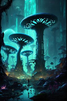 an alien forest with trees and mushrooms