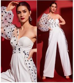 Indian Jumpsuit, Alia Bhatt Hairstyles, Polka Dot Outfit, Dot Outfit, Kriti Sanan, Driftwood Candle, Myanmar Clothes, Polka Dot Crop Top, Fashion Design Books