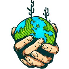 two hands are holding the earth in their palms, with cactuses on top