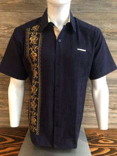 Beautiful Elegant Handcrafted Guayabera Shirt Navy Blue with Golden Embroidery Beige Contrast on Neckline Made in Merida Yucatan Mexico 100% Fine Linen Short Sleeve High Quality Product 100 % Brand New Product. New Inventory 2023 Good for formal or casual wear. Even for an special event like wedding or birthday. Makes a great Gift for Someone Give us a try... Thank You and God bless you. Traditional Embroidered Shirt For Formal Occasions, Merida Yucatan Mexico, Golden Embroidery, Mens Dress Shirts, Guayabera Shirt, Yucatan Mexico, Linen Short, Fine Linen, Rust Color