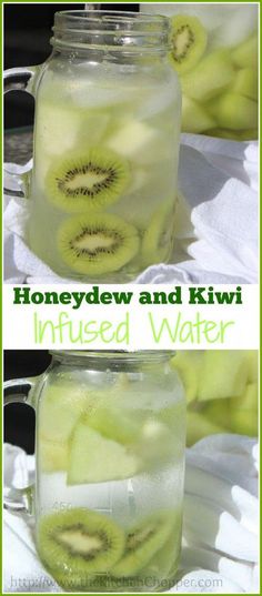 a jar filled with sliced kiwis sitting on top of a table