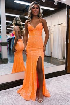 Are you looking for something special to wear at your prom Check out Kissprom's Orange Sequins Mermaid Long Prom Dress! This gorgeous eye-catching dress will surely make heads turn. With a flattering V-Neck, spaghetti straps, and crossed straps that give it an extra dose of style, this orange sequined mermaid dress will be sure to add a sparkle to your prom look. You can't go wrong with this dazzling dress; it adds the right touch of glamour and sophistication. Plus, its unique design flatters y Tight Prom Dresses, Orange Prom Dresses, Prom Dress With Train, Sparkly Prom Dress, Sparkly Prom Dresses, Dazzling Dress, Corset Dress Prom, Sequin Prom Dress, Lace Prom Dress