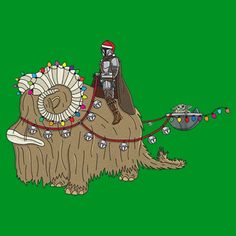 a cartoon character riding on the back of a big furry animal with lights around its neck