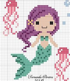 a cross stitch mermaid with purple hair and green tail