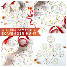 the christmas scavenger hunt is shown with red ribbon and tags on it's side