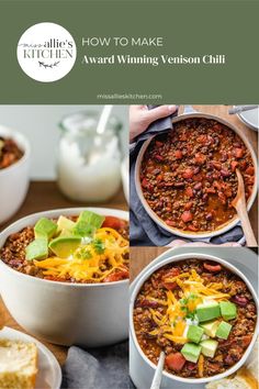 the recipe for chili is shown in three different pictures, including one with cheese on top and