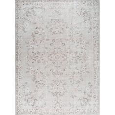 an antique style rug in grey and white with floral designs on the bottom, along with a light gray background