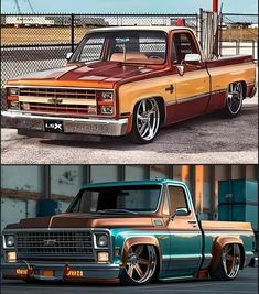 two pictures of the same truck in different colors and sizes, one is brown and orange