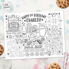 happy 1st birthday charlie coloring page with cookies and milk on the table next to it