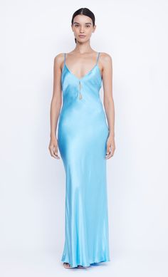 Margaux Keyhole Maxi Dress in Topaz Blue by Bec + Bridge V-neck Bias Cut Slip Dress For Gala, Bias Cut V-neck Slip Dress For Gala, Blue V-neck Maxi Dress For Night Out, Blue Maxi Length V-neck Party Dress, Blue V-neck Bias Cut Maxi Dress, V-neck Bias Cut Slip Dress For Evening, Spring Gala V-neck Slip Dress, Blue Silk V-neck Dress For Formal Occasions, Blue Fitted Silk V-neck Dress