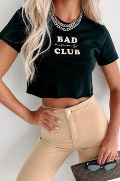 "Bad Moms Club" Raw Hem Graphic Crop Tee (Black/Beige) - Print On Dema – NanaMacs Black Cropped T-shirt With Graphic Print, Black Graphic Print Cropped T-shirt With Crew Neck, Spring Graphic Cropped T-shirt With Text Print, Spring Pink Cropped T-shirt With Graphic Print, Black Cropped T-shirt With Logo Print, Bad Moms Club, Bad Moms, Black Crewneck, Moms Club