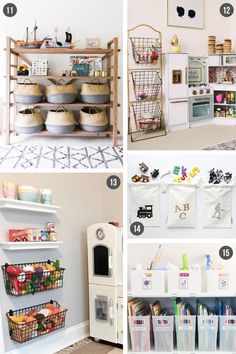 four pictures showing different types of storage in the kitchen and on the living room wall