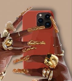 a woman's hand holding onto an iphone case with gold rings on the cover