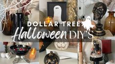 dollar tree halloween diy's with pumpkins, candles and other decorations on display