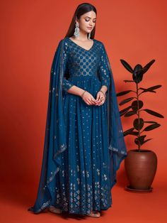 Blue Georgette Festive Wear Anarkali Style Suit - Inddus.com Georgette Gown, Georgette Anarkali, Gown With Dupatta, Gown Suit, Designer Gown, Georgette Dupatta, Anarkali Gown, Lehenga Saree, Sharara Set