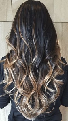 Color For Black Hair Highlights, Dark Hair With Blonde Balayage Ombre, Black And Blond Balayage, Balayage With Dark Hair, Black Root Hair Ideas, Dark To Blonde Hair Balayage, Dark Hair Blonde Tips, Boliage Hair Black Hair, Blonde Black Balayage