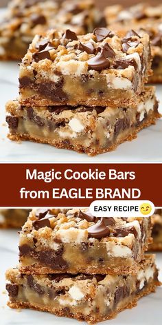 three different views of cookie bars with chocolate chips and marshmallows on top