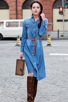 High Heels and Training Wheels: Fall 'Pin'spiration Long Denim Dress, Blue Jean Dress, How To Wear Leggings, Mom Denim, Marine Uniform, Womens Denim Dress, Business Casual Outfits For Women, Stylish Jeans