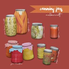 an image of canning jars with different types of food in them on a red background