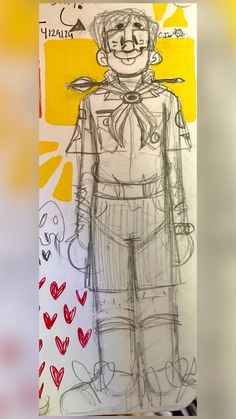 a drawing of a man in overalls with hearts around him