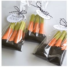 carrots are wrapped in plastic bags and tied with twine to the top for decoration