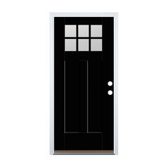 a black door with three windows on the top and bottom panel, in front of a white background