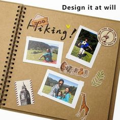 an open notebook with pictures on it and the words design it at will written in cursive writing