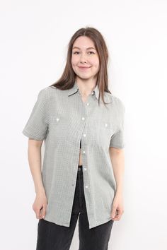 Hi! This is vintage from 90s green plaid shirt with buttons closure and short sleeves. This trachten Bavarian style shirt made of COTTON. The model in the photo is 170 cm tall and is wearing a MEDIUM size plaid shirt. But, be careful, this is a vintage size, it is better to check the measurements below in the product description. Sleeve - 8cm / 3.14inch; Width - 53cm / 20.86inch; Length - 71cm / 27.95inch. All measurements are taken seam to seam while lying flat. Sleeve measurement made from arm Short Sleeve Gingham Shirt For Work, Gingham Short Sleeve Shirt For Work, Gingham Short Sleeve Shirt For Workwear, Short Sleeve Gingham Tops With Buttons, Plaid Short Sleeve Shirt With Buttons, Short Sleeve Gingham Shirt With Button Closure, Gingham Short Sleeve Shirt With Button Closure, Plaid Vintage Short Sleeve Shirt, Vintage Plaid Short Sleeve Shirt