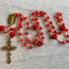 Handcrafted Prayer Rosary. Red Crystals With Red Rose Beads - Etsy Rose Beads, Plant City, Thoughtful Christmas Gifts, Red Crystals, Gold Cross, Red Rose, Rosary, Antique Gold, Crystal Beads