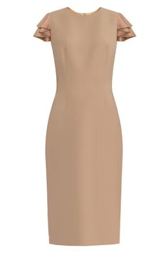 Estella Tan Sheath Dress with Butterfly Sleeves Cheap Sheath Midi Dress, Luxury Fitted Silk Sheath Dress, Luxury Evening Bodycon Sheath Dress, Luxury Elegant Silk Sheath Dress, Luxury Sheath Dress For Work, Luxury Spring Sheath Dress, Luxury Sheath Dress With Ruffles, Luxury Sheath Midi Dress With Draped Sleeves, Sheath Dress With Sleeves