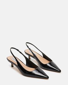 KARI Black Patent Slingback Point Toe Kitten Heel | Women's Heels – Steve Madden Slingback Heels Outfit, Nyfw Backstage, Pointed Kitten Heels, Kitten Heels Outfit, Black Slingback Heels, 2024 Wishlist, Black Kitten Heels, Work Shoes Women