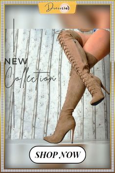 Women's Autumn and Winter High Heel Long Boots Solid Color Suede Bandage Pointed High Ladies Boots Knee High Boots Fitted Brown Lace-up Knee-high Boots, Fitted High Heel Boots With Front Lace-up, Fitted High Heel Boots With Front Lace-up Fastening, Brown Lace-up Party Boots, Winter Heeled Boots With Laces, Beige Suede Party Boots, Fitted Lace-up Boots With Lacing, Fitted Suede Lace-up Boots, Chic Spring Lace-up Knee-high Boots