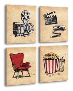 four different pictures of movies and popcorn on parchment paper, each with a red chair