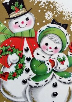 a christmas card with two snowmen on it