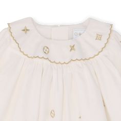 LOUIS VUITTON® - Meli-melo Gold Dress - Meli-melo Gold Baby Louis Vuitton, Louis Vuitton Baby, Luxury Baby Fashion, Baby 12 Months, Gifts For Baby, Young Skin, Luxury Baby, Embroidered Monogram, Gold Gifts