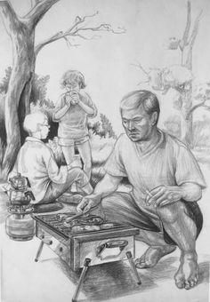 a drawing of a man and two children sitting on a picnic table in the woods