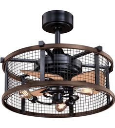 a ceiling fan that is attached to a caged light fixture with three lights on it