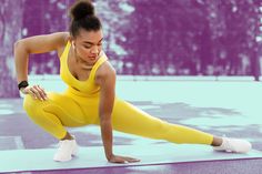 a woman in yellow is doing yoga outside