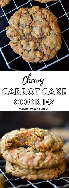 two pictures of carrot cake cookies on a cooling rack with the words cherry carrot cake cookies above them