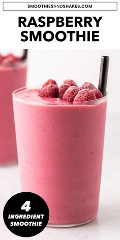 raspberry smoothie in a glass with strawberries on top and text overlay