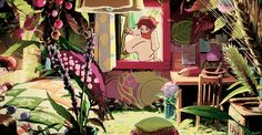 a painting of a woman looking in a mirror surrounded by plants and other things on the ground