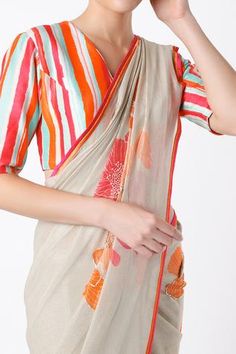 Shop for Archana Shah Beige Georgette Shimmer Saree With Stripe Print Blouse for Women Online at Aza Fashions Shimmer Saree, Stripe Blouse, Blouse For Women, Blouse Online, Printed Sarees, Floral Motifs, Print Blouse, Striped Blouse, Aza Fashion