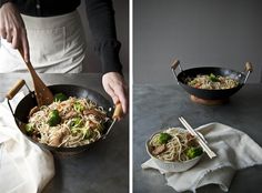 two pictures showing the process of cooking noodles and broccoli in a skillet