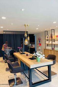 a salon with chairs and tables in it