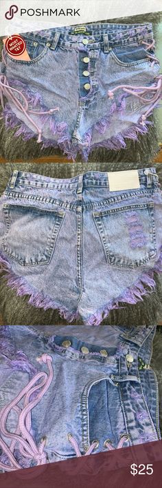 ✨ Festival Side-Tie Purple Acid Wash Short Shorts NWT ✨ Super unique purple acid washed denim cutoff short shorts. Button up front and tie up detailing on both sides. Size 42 in Italian sizing but they are a 6-8 comfortably US sizing. Measure 12 inches from waist to longest part of back of legs.  Super fun for concerts, festivals, whenever!! 💜 Shorts Jean Shorts High Rise Purple Bottoms With Pockets, Casual High Rise Purple Bottoms, High Rise Purple Jeans For Spring, High Rise Purple Cotton Bottoms, Cutoff Cotton Jean Shorts With Button Closure, Purple High Rise Cotton Bottoms, Cotton Cutoff Jean Shorts With Button Closure, Casual Purple Jean Shorts For Summer, Trendy Purple Denim Bottoms