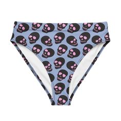 High-waisted bikini bottom featuring a punk pattern of neon black and pink skulls on a light blue background Fitted Punk Blue Bottoms, Punk Bottoms With Skull Print For Halloween, Punk Halloween Bottoms With Skull Print, Black Rave Bottoms For Beach, Black Skull Print Bottoms For Summer, Fitted Graphic Print Beach Bottoms, Fitted Graphic Print Bottoms For The Beach, Gothic Fitted Bottoms With Skull Print, Fitted Gothic Bottoms With Skull Print