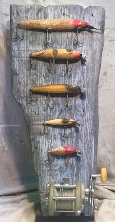 an assortment of fishing lures hanging on a wall