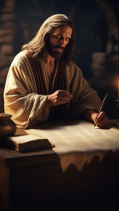 jesus sitting at a table writing on paper with a candle in front of him and an open book nearby