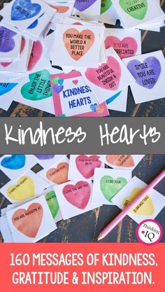 heart shaped cards with the words kindness hearts written on them