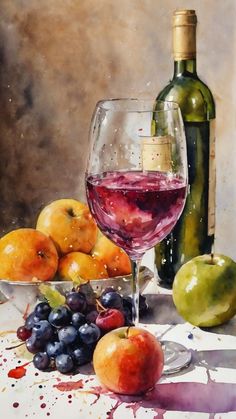 Watercolor Art Fruit, Watercolour Fruits, Ocean Landscape Painting, Acrylic Portrait Painting, Apple Painting, Watercolor Fruit, Beautiful Art Paintings, Watercolor Paintings Easy, Wine Art